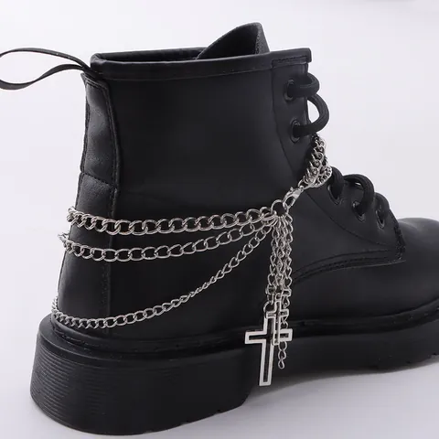 Punk Goth Multi-Layer Alloy Silver Cross Shoe Chain Detachable Metal Boot Jewelry Decoration For Women Men Fashion Accessories