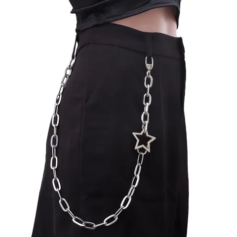 Hip Hop Silver Metal Pants Chain With Hollow Star Pendant Punk Streetwear Waist Belt Chain For Men Women Clothing Accessories