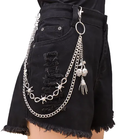 Gothic Punk Mehrlagige Metall Hose Kette Mit Totenkopf Skelett Hand Und Stacheldraht Anhänger Für Damen Herren Hip Hop Taille Kette Zubehör