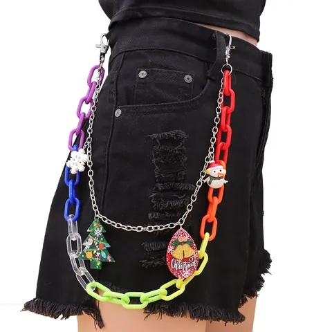 Weihnachten Mehrfarbig Acryl Hose Kette Mit Schneemann Baum Schneeflocke Anhänger Doppellagig Metall Hip Hop Taillenkette