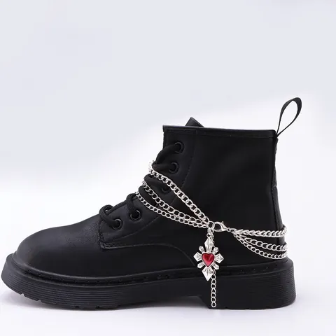 Chaîne de Chaussure en Alliage Multicouche Punk pour Bottes Martin Pendentif Croix Cœur Argent Strass Décoration Hip Hop Bijoux Gothiques