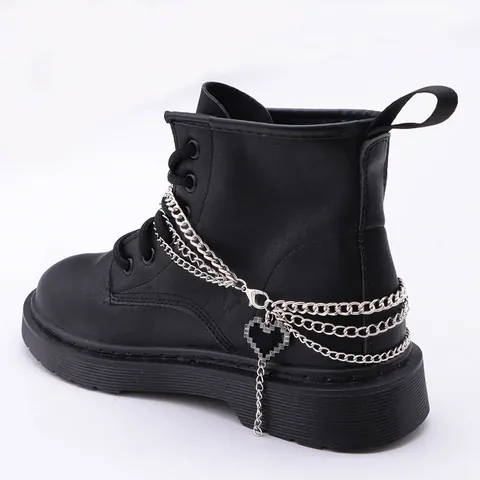 Multi-Layer Metal Shoe Chain For Boots With Black Pixel Heart Pendant Punk Y2K Silver Tone Boot Charms Decoration For Women Men