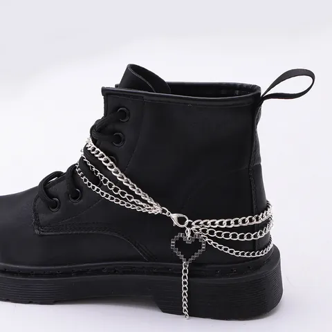 Multi-Layer Metal Shoe Chain For Boots With Black Pixel Heart Pendant Punk Y2K Silver Tone Boot Charms Decoration For Women Men