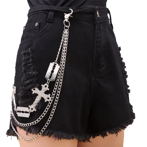 Cadena de Pantalones de Capas Punk Gótico Con Colgante de Cruz y Cuchilla de Afeitar Hip Hop Cadena de Cintura de Metal para Jeans Joyería