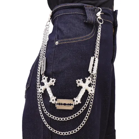 Cadena de Pantalones de Capas Punk Gótico Con Colgante de Cruz y Cuchilla de Afeitar Hip Hop Cadena de Cintura de Metal para Jeans Joyería