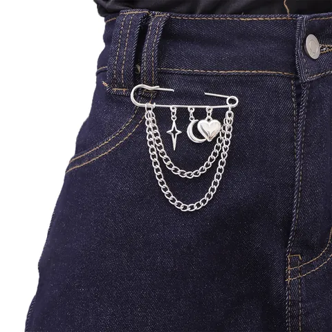 Punk Alloy Safety Pin Brooch Double Chain Lock Key Star Moon Heart Pendant Unisex Streetwear Jacket Jewelry Decoration
