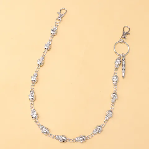 Unisex Punk Gothic Metal Skull Head Jeans Chain Silver Hip Hop Waist Chain With Bullet Pendant For Men Women Jewelry