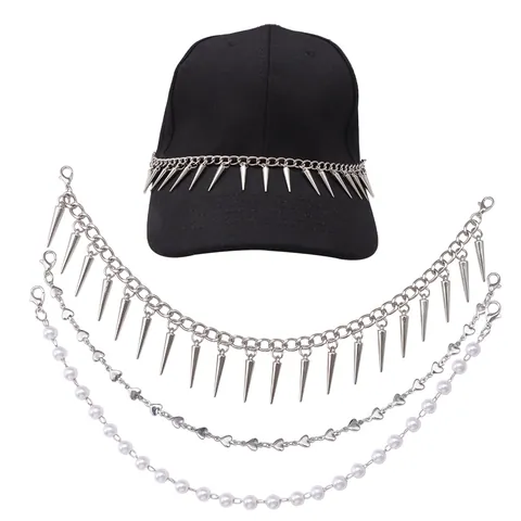 Punk Metal Spike Rivet Heart Chain Faux Pearl Hat Accessory Decoration For Baseball Cap Gothic Style Jewelry Chain Ornament