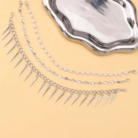 Punk Metal Spike Rivet Heart Chain Faux Pearl Hat Accessory Decoration For Baseball Cap Gothic Style Jewelry Chain Ornament