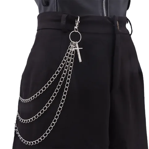 Catena per Pantaloni in Metallo a Tre Strati Punk Street Style Con Ciondolo a Croce Argento Hip Hop per Uomo Donna Gioielli