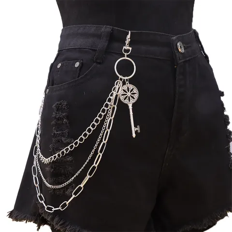 Punk Mehrlagige Silber Metall Hosenkette Mit Vintage Hohl Blumen Schlüsselanhänger Hip Hop Dreilagige Taillenkette Unisex