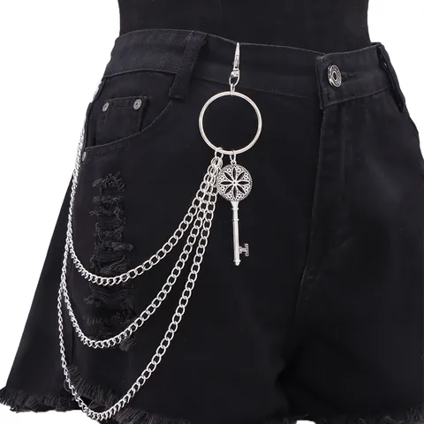 Punk Mehrlagige Silber Metall Hosenkette Mit Vintage Hohl Blumen Schlüsselanhänger Hip Hop Dreilagige Taillenkette Unisex