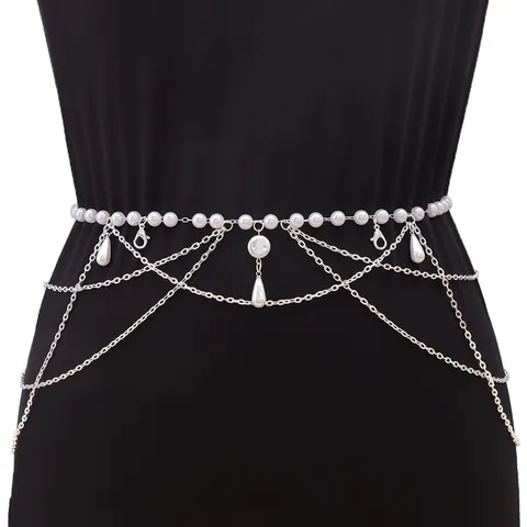 Vintage Multi Layer Waist Chain For Women Faux Artificial Pearl Tassel Metal Body Chain Dress Hanfu Decoration Jewelry Accessory