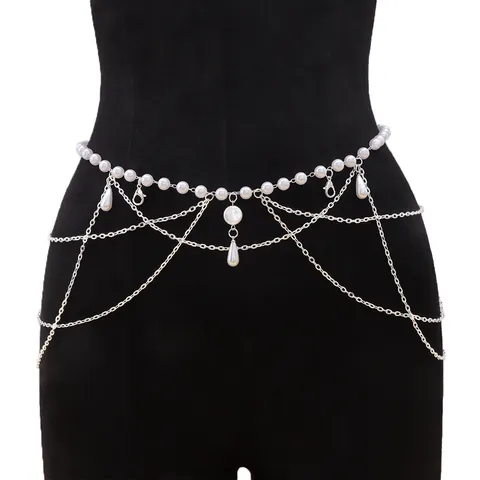 Vintage Multi Layer Waist Chain For Women Faux Artificial Pearl Tassel Metal Body Chain Dress Hanfu Decoration Jewelry Accessory