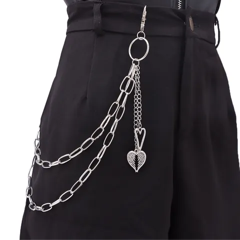 Catena da Pantaloni Vintage Punk a Doppio Strato in Lega Argento Con Pendente a Cuore e Ali Catena da Vita Hip Hop Unisex