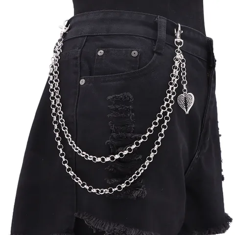 Catena da Pantaloni Vintage Punk a Doppio Strato in Lega Argento Con Pendente a Cuore e Ali Catena da Vita Hip Hop Unisex