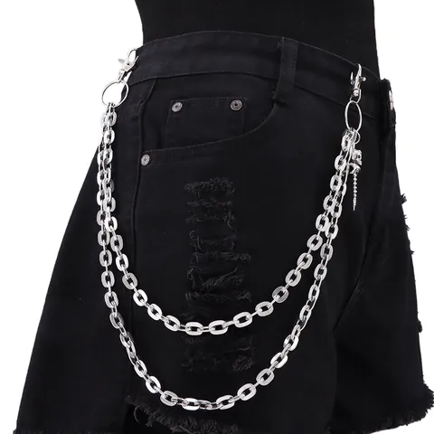 Double Layer Metal Chain Hip Hop Trouser Chain With Skull Cross Screw Pendants Punk Waist Chain For Men Women Silver Belt