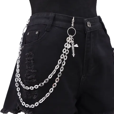 Double Layer Metal Chain Hip Hop Trouser Chain With Skull Cross Screw Pendants Punk Waist Chain For Men Women Silver Belt