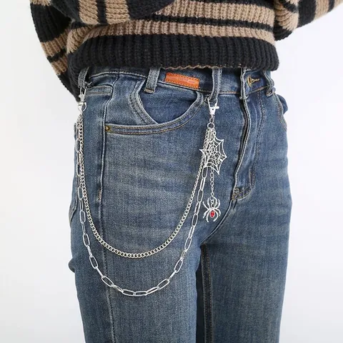 Punk Gothic Multi Layer Metal Pant Chain With Spider Web Pendant Red Rhinestone Spider Waist Chain For Men Women Hip Hop Jeans Accessory