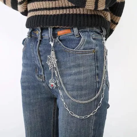 Punk Gothic Multi Layer Metal Pant Chain With Spider Web Pendant Red Rhinestone Spider Waist Chain For Men Women Hip Hop Jeans Accessory