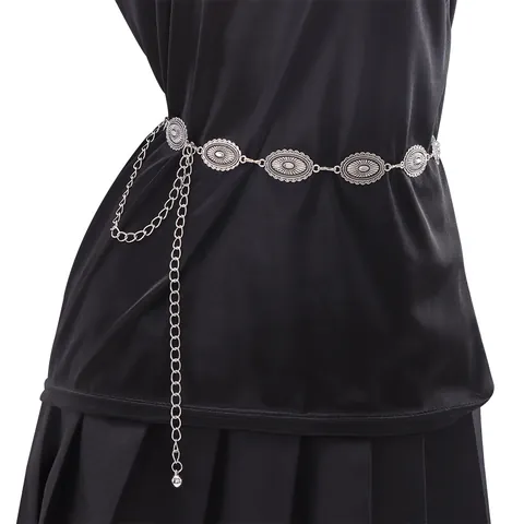 Vintage Bohemian Antique Silver Alloy Waist Chain For Women Ethnic Carved Sun Pattern Metal Link Body Chain Adjustable Summer Beach Jewelry