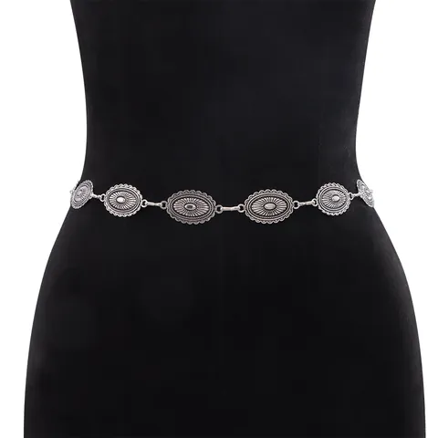 Vintage Bohemian Antique Silver Alloy Waist Chain For Women Ethnic Carved Sun Pattern Metal Link Body Chain Adjustable Summer Beach Jewelry