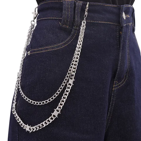 Punk Hip Hop Stainless Steel Barbed Wire Trousers Chain For Men Women Double Layer Silver Cuban Link Waist Chain Jewelry