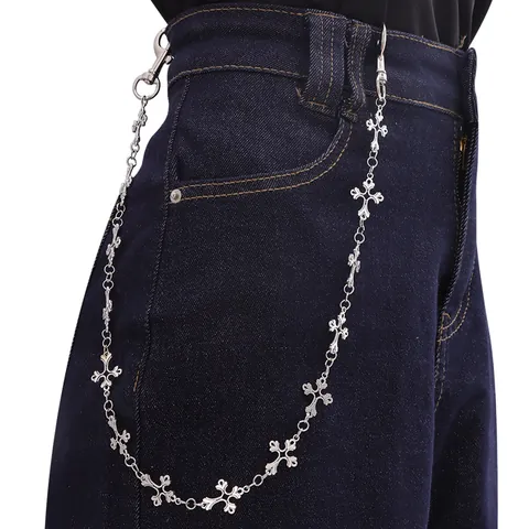 Gothic Hip Hop Silver Alloy Cross Trouser Chain For Men Punk Streetwear Jeans Waist Chain With Lobster Buckle Mens Accessories