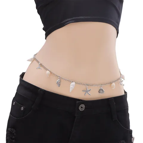 Bohemian Summer Beach Silver Metal Waist Chain For Women Adjustable Starfish Shell Conch Pendant Body Belly Chain Jewelry