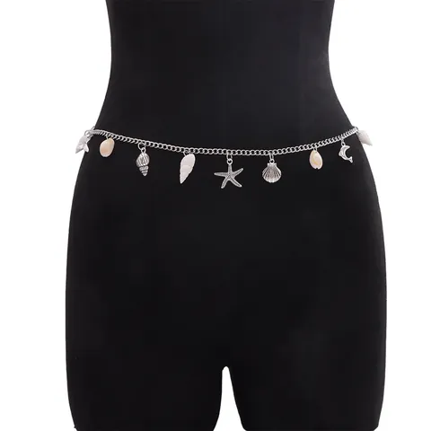 Bohemian Summer Beach Silver Metal Waist Chain For Women Adjustable Starfish Shell Conch Pendant Body Belly Chain Jewelry
