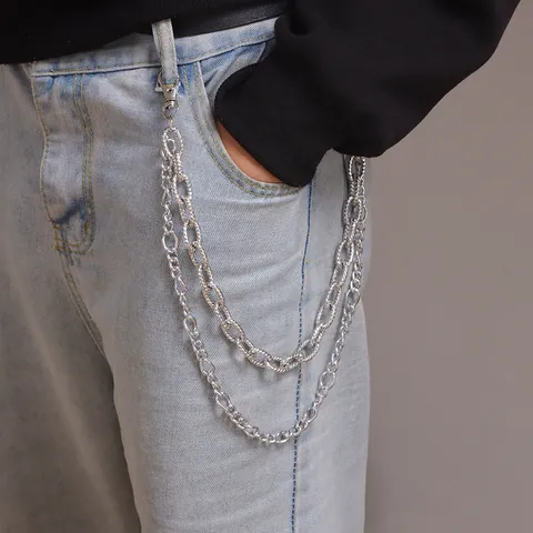 Retro Embossed Double Layer Metal Waist Chain Punk Hip Hop Pant Chain For Jeans Women Men Silver Wallet Chain Jewelry