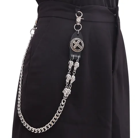 Vintage Punk Gothic Hosenkette Legierung Rindsleder Totenkopf Kreuz Anhänger Geldbörse Gürtelkette Schmuck Für Herren Damen Rock Biker