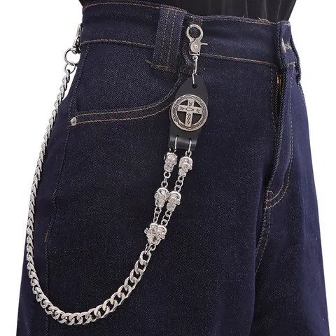 Vintage Punk Gothic Hosenkette Legierung Rindsleder Totenkopf Kreuz Anhänger Geldbörse Gürtelkette Schmuck Für Herren Damen Rock Biker
