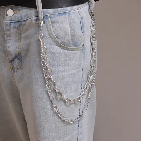 Retro Embossed Double Layer Metal Waist Chain Punk Hip Hop Pant Chain For Jeans Women Men Silver Wallet Chain Jewelry