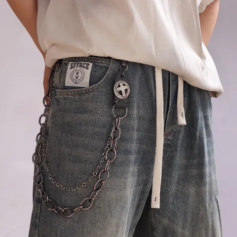 Vintage Double Layer Zinc Alloy Cowhide Pant Chain With Cross Charm Gothic Punk Streetwear Wallet Belt Chain For Women Men