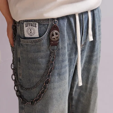 Vintage Double Layer Zinc Alloy Cowhide Pant Chain With Cross Charm Gothic Punk Streetwear Wallet Belt Chain For Women Men