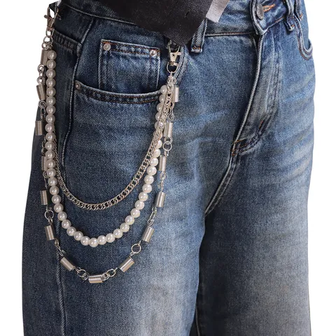 Cadena para Pantalón Multicapa de Aleación y Perlas de Imitación Hip-hop Cadena de Cintura de Metal Plateado con Resorte para Jeans