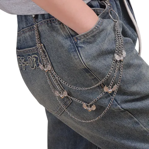 Multi-layer Zinc Alloy Pants Chain With Heart Wing Pendants Punk Streetwear Waist Chain For Women Men Jeans Jewelry