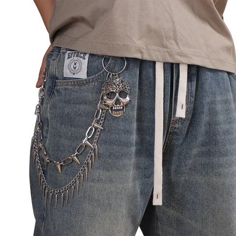 Punk Gothic Doppellagige Metall Hosenkette Totenkopf Strass Anhänger Zinklegierung Hip Hop Streetwear Mode Hüftkette
