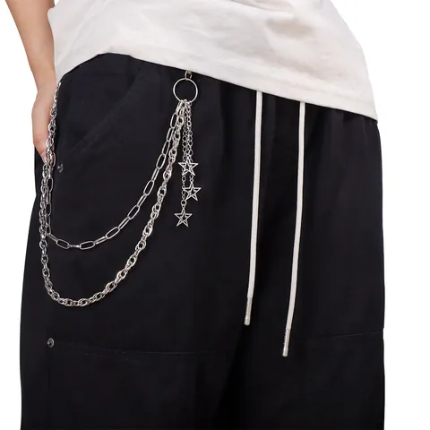 Catena per Pantaloni Hip Hop Multistrato in Lega di Zinco Croce Vintage Teschio Stella Ciondolo Punk Gotico Argento Gioielli Unisex