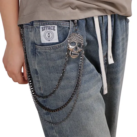 Punk Multi Layer Metal Waist Chain For Men Women Gothic Skull Pendant Spikes Jean Trousers Decoration Wallet Chain
