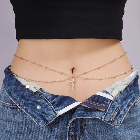 Sexy Double Layer Alloy Waist Chain For Women Gold Silver Plated Metal Bead Belly Chain With Heart Cross Pendant Summer Beach Jewelry