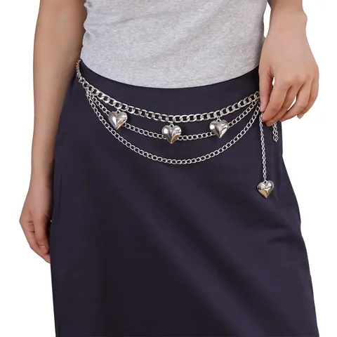 Catena da Vita in Metallo a Strati Punk Con Ciondoli a Cuore per Uomo Donna Cintura a Catena Hip Hop Argento Gioielli Streetwear
