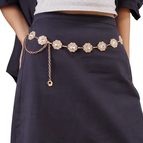 Vintage Gold Metal Waist Chain For Women Sunflower Rhinestone Crystal Inlaid Belt For Dress Adjustable Link Chain Jewelry Accessory