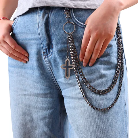 Punk Gunmetal Zwart Dubbele Laag Legering Broekketting Met Holle Kruishanger Hip Hop Street Style Jeans Accessoires