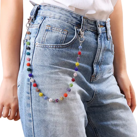 Bunte Strass Disco Ball Hosenkette Für Damen Herren Legierung Regenbogen Perlen Taillenkette Streetwear Schmuck