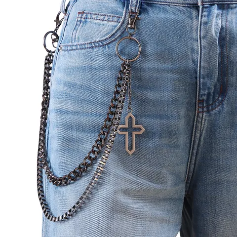 Punk Gunmetal Zwart Dubbele Laag Legering Broekketting Met Holle Kruishanger Hip Hop Street Style Jeans Accessoires