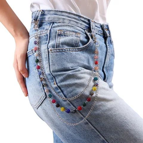 Y2K Mehrlagige Legierung Bunte Strass Perle Hosenkette Hip Hop Punk Taillenkette Für Jeans Unisex Streetwear Schmuck