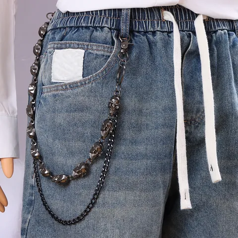 Punk Hip Hop Double Layer Metal Skull Pants Chain Gothic Wallet Chain Rock Streetwear Jean Accessories For Men Women