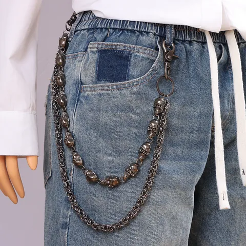Men Punk Double Layer Skull Pants Chain Hip Hop Gun Black Alloy Byzantine Waist Chain For Jeans Wallet Key Biker Gothic Jewelry